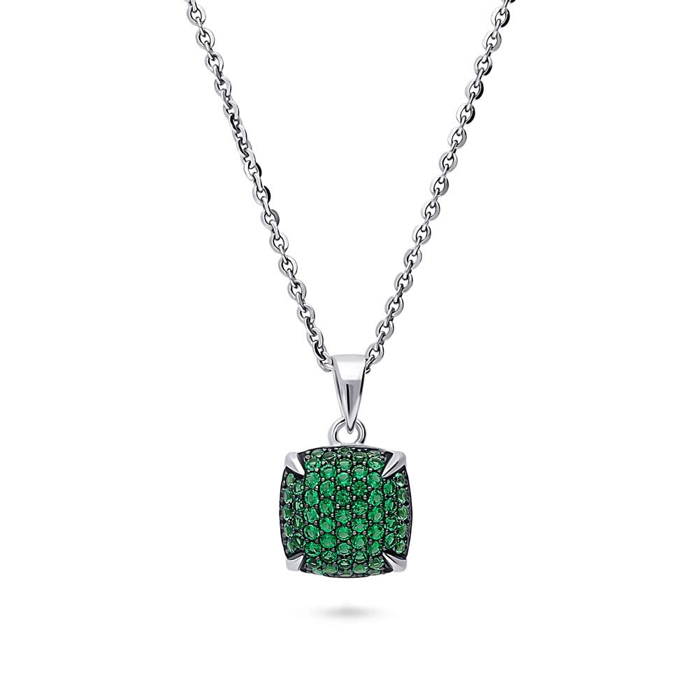 BERRICLE Sterling Silver Square Cubic Zirconia CZ Fashion Pendant Necklace for Women, Rhodium Plated 18 inch, Green