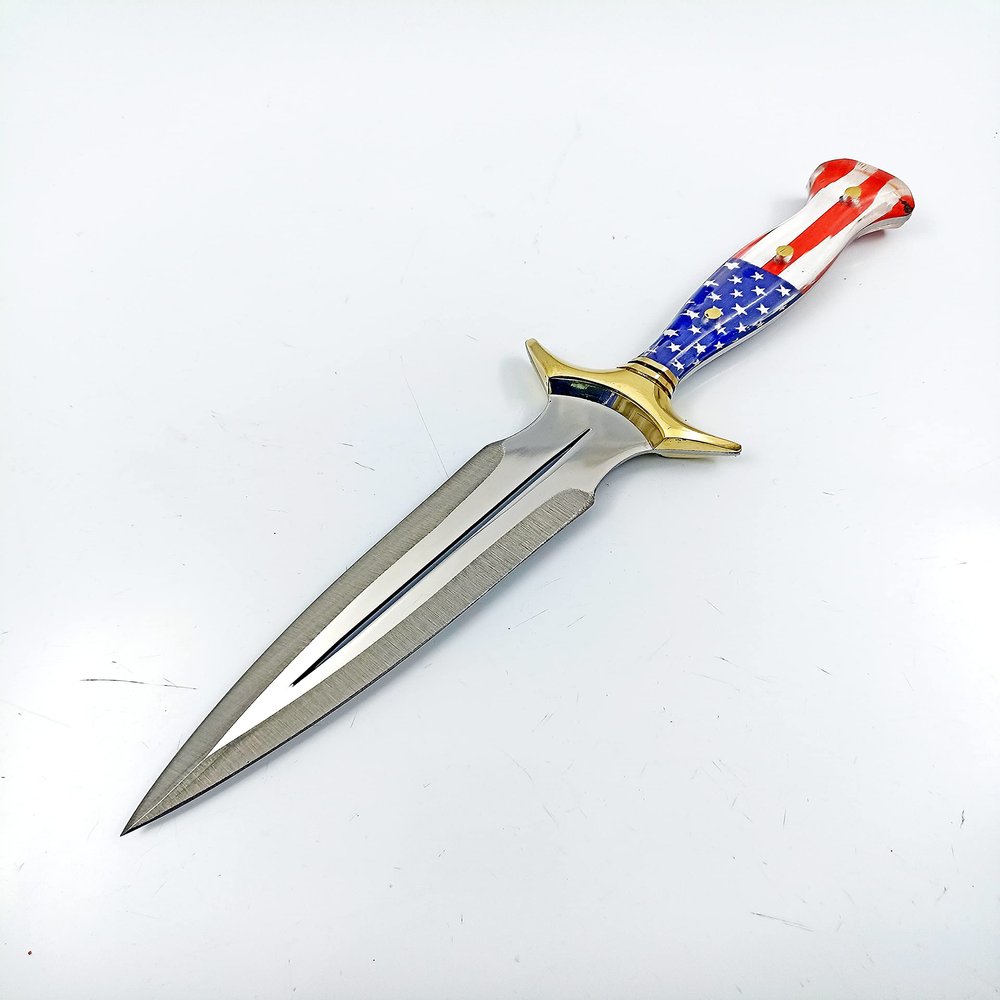 gcen American Flag Dagger Knife, Full Tang Knife, Tactical Fixed Blade Knife, Survival Knife, Camping Knife, Athame Knife with Leather Sheath