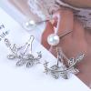 Erimberate Bohemian Pearl Leaf Ear Jacket Earrings Crystal Leaf Stud Earrings Silver Rhinestone Leaf Earrings Cz Leaf Jacket Earrings Vintage Pearl Front Back Earrings Jewelry for Women view 3