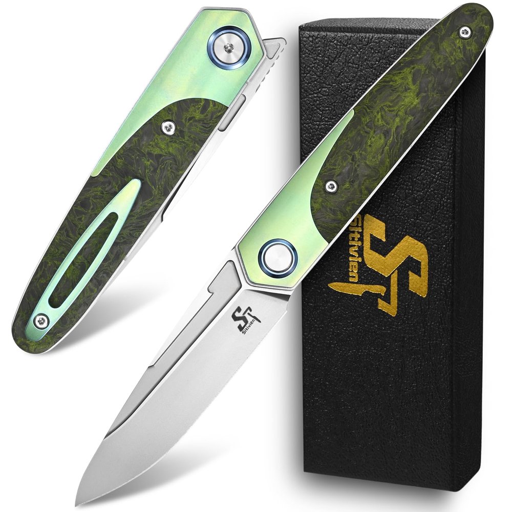 Sitivien ST992 Folding Pocket Knife,Handmade M390 Pearlescent Brushed Steel Blade,Titanium Carbon Fiber Handle EDC Tool Knife for Outdoor Camping,Hiking,Survival,Hunting(Green)