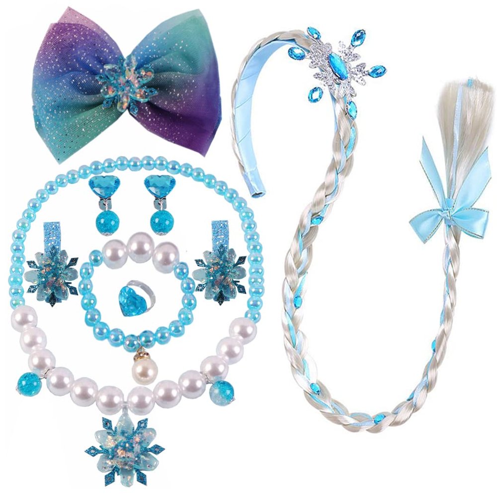 Princess Elsa Wig Elsa Braid Cosplay Long Hair Wig with Braid Necklace Bracelet Earrings Ring Hair Clips Dress up Accessories for Girls