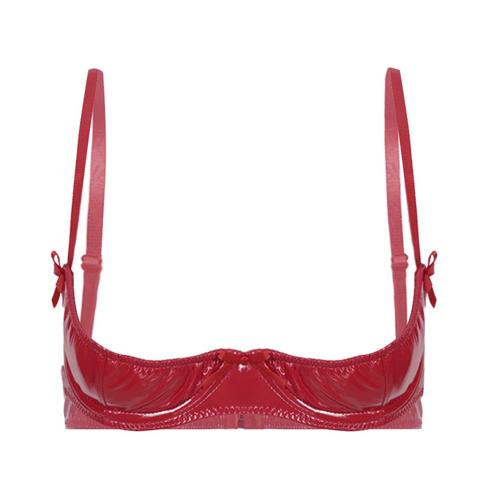 Vxuxlje Women Wet Look 1/4 Cup Underwired Push Up Bralette Lingerie PVC Leather Balconette Bra Top Red 5X-Large