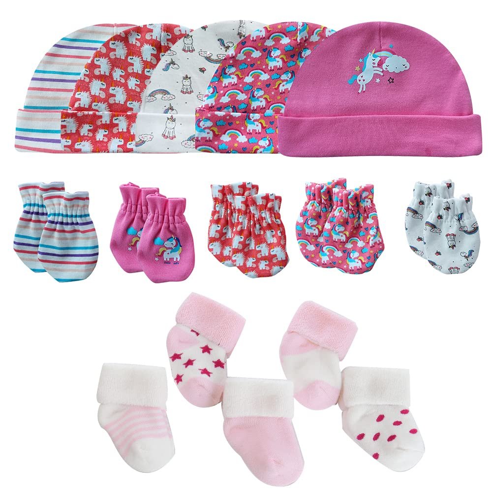 MAMIMAKA Baby Girls Caps Mittens and Thick Warm Socks Cotton Newborn Essentials Accessories (Hats+Gloves+Terry Socks),0-6 Months