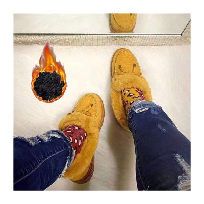 Usknxiu Casual Fashion Flat Boots with Fur Lined for Women, Winter Warm Booties Anti-Slip Thermal Shoes Comfortable Moccasins Snow Boots, Cold Weather Furry Slippers Men Plush Sneakers,Yellow,9