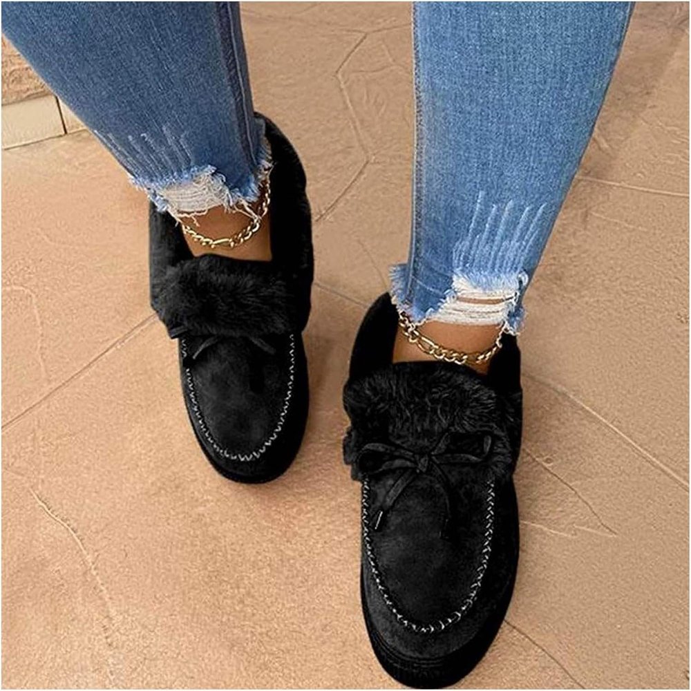 Usknxiu Casual Fashion Flat Boots with Fur Lined for Women, Winter Warm Booties Anti-Slip Thermal Shoes Comfortable Moccasins Snow Boots, Cold Weather Furry Slippers Men Plush Sneakers,Black,5