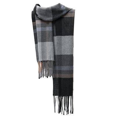 Mens Winter Warm Cashmere Scarf Plaid Tassel Scarf for Men Soft Long Cotton Scarves Black