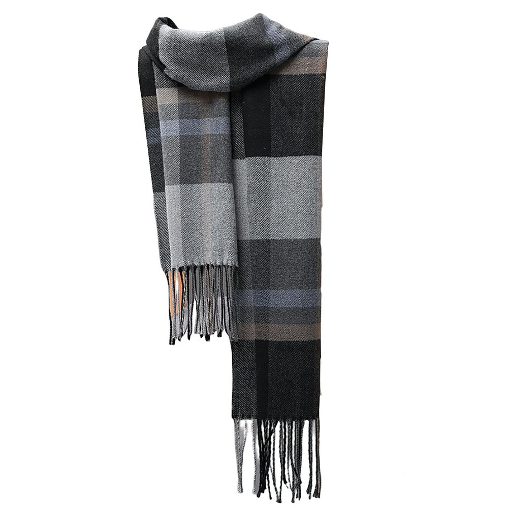 Mens Winter Warm Cashmere Scarf Plaid Tassel Scarf for Men Soft Long Cotton Scarves Black