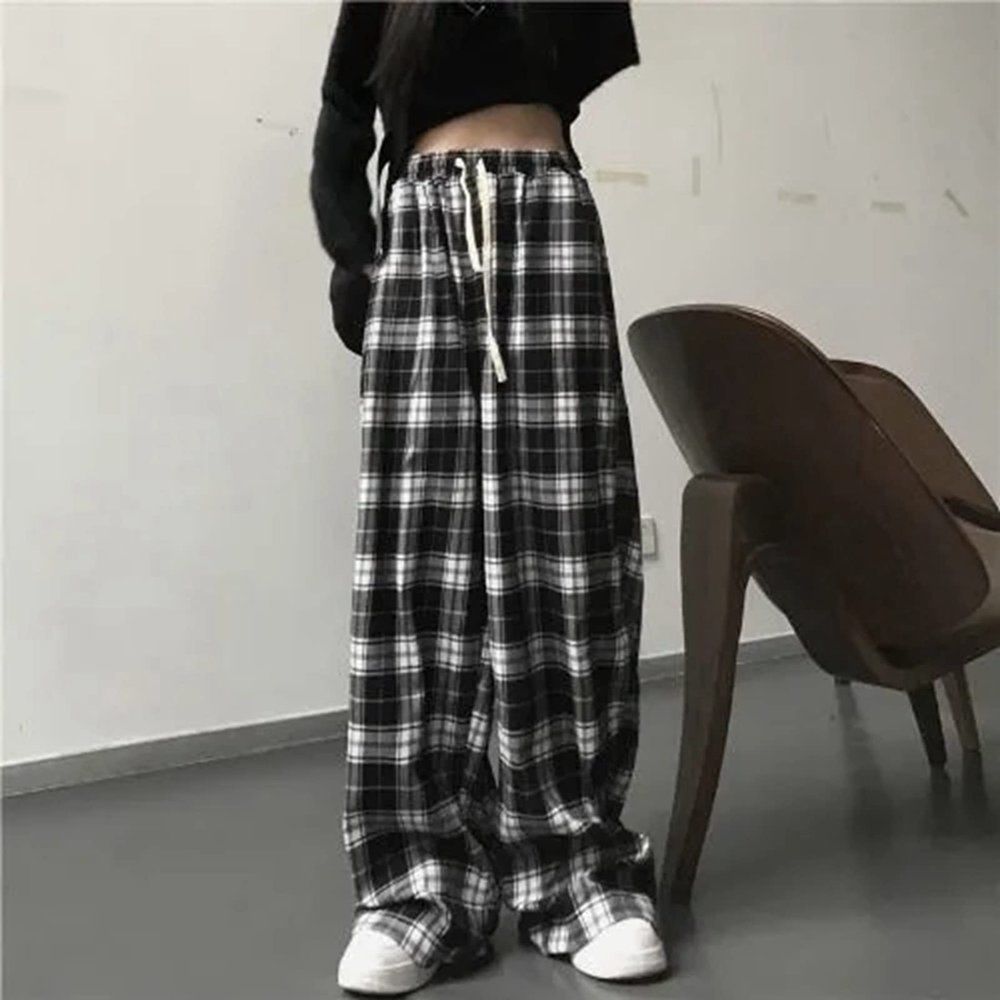 KASUTAM Harajuku Oversize Plaid Pants Women Fashion Black White Checked Trousers for Female Fall Wide Leg Sweatpants,Black,L