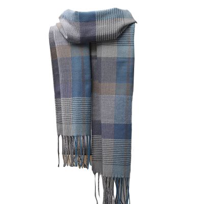 Mens Winter Warm Cashmere Scarf Plaid Tassel Scarf for Men Soft Long Cotton Scarves Blue