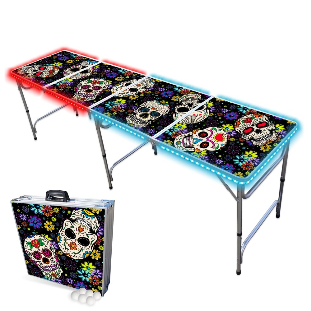 PARTYPONG 8-Foot Folding Beer Pong Table w/LED Lights - Dia de Los Muertos Edition