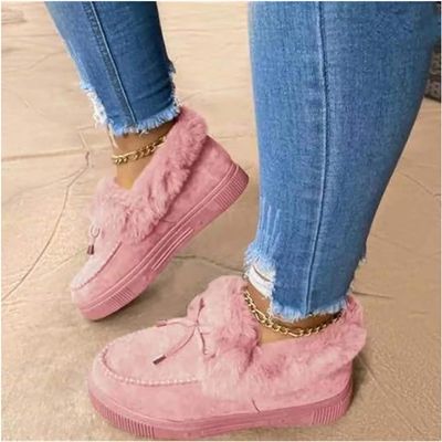 Usknxiu Casual Fashion Flat Boots with Fur Lined for Women, Winter Warm Booties Anti-Slip Thermal Shoes Comfortable Moccasins Snow Boots, Cold Weather Furry Slippers Men Plush Sneakers,Pink,11
