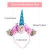 AHIER Unicorn Headband, Rainbow Glitter Horn Headband Cat Ear Head Bands Flowers Headwear Accessory for Unicorn Party Supplies view 3