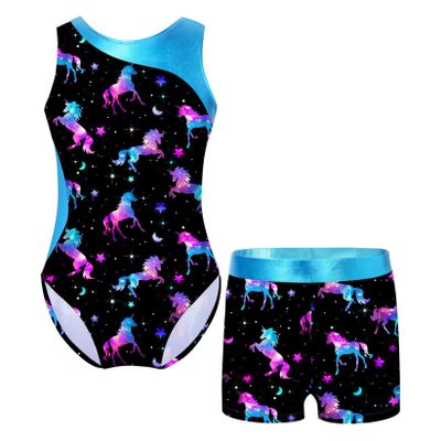 VernLan Girls Kids Long Sleeve Leotard Gymnastics with Shorts 2 Piece Ballerina Dance Ballet Unitard Biketard Outfits Dark Night 6 Years