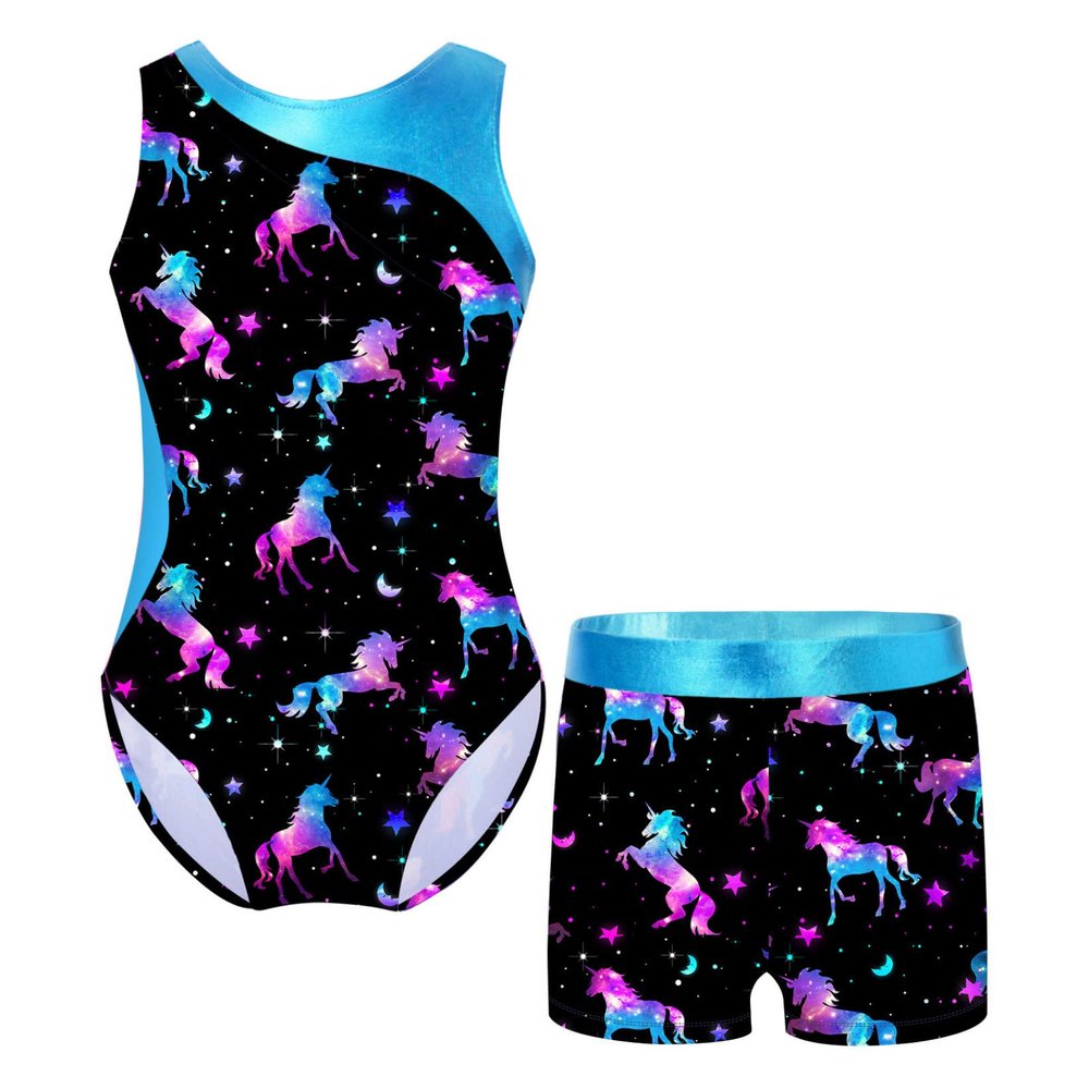 VernLan Girls Kids Long Sleeve Leotard Gymnastics with Shorts 2 Piece Ballerina Dance Ballet Unitard Biketard Outfits Dark Night 6 Years