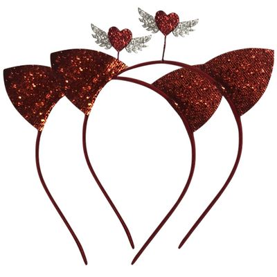 ABOOFAN Girl Scrunchies 2Pcs Valentines Day Headband Glitter Heart Cat Ear Hair Hoop Party Photo Props for Women Gifrl Heart Decor