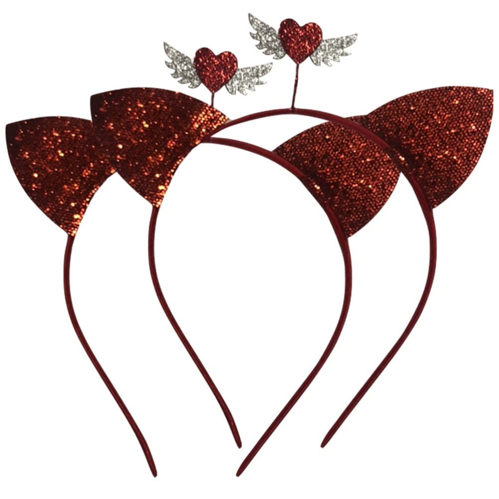 ABOOFAN Girl Scrunchies 2Pcs Valentines Day Headband Glitter Heart Cat Ear Hair Hoop Party Photo Props for Women Gifrl Heart Decor