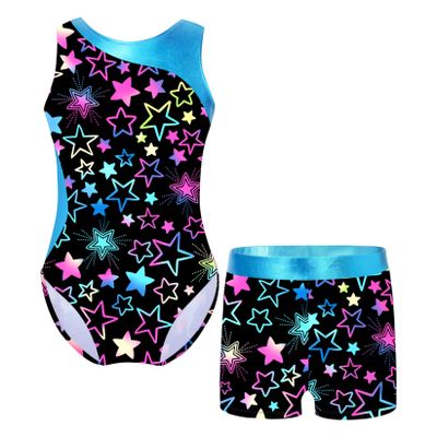 VernLan Girls Kids Long Sleeve Leotard Gymnastics with Shorts 2 Piece Ballerina Dance Ballet Unitard Biketard Outfits Starry Black 6 Years