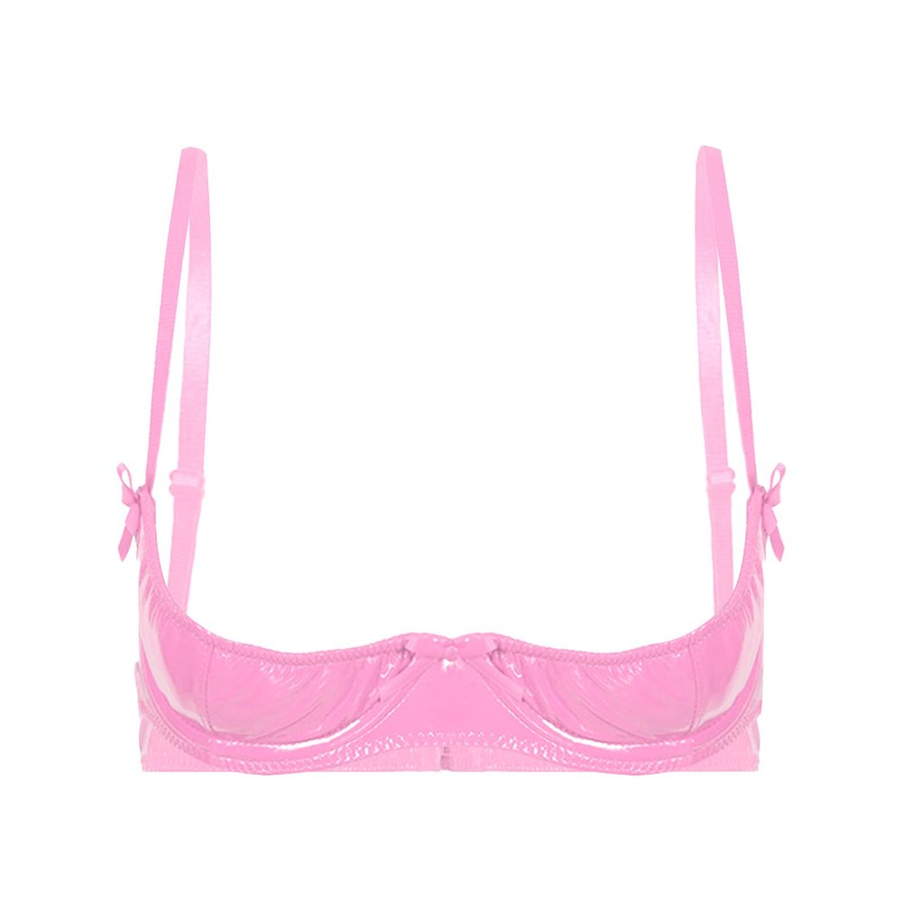 Vxuxlje Women Wet Look 1/4 Cup Underwired Push Up Bralette Lingerie PVC Leather Balconette Bra Top Pink 3X-Large