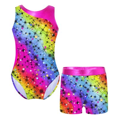 VernLan Girls Kids Long Sleeve Leotard Gymnastics with Shorts 2 Piece Ballerina Dance Ballet Unitard Biketard Outfits Starry Rainbow 6 Years