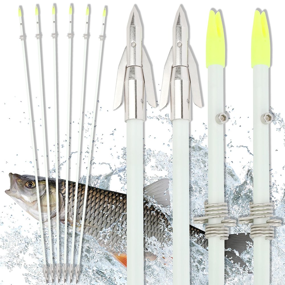 34Inch Bowfishing Arrow Solid Fiberglas Shaft with Hunting Big Broadheads Tip Slides for Compound Recurve Bow Fishing Arrow Archery (6Pcs Short Tip Bowfishing Arrow)