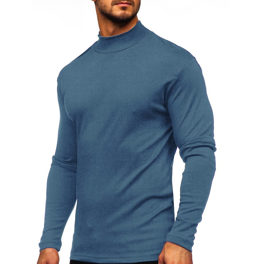 Men Stylish Long Sleeve Pullover Top Basic Thermal Turtleneck Shirt Navy Blue L