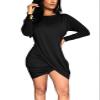 Ophestin Women Casual Wrap T Shirt Dress Long Sleeve Crew Neck Solid Ruched Bodycon Stretchy Short Mini Dress Black M