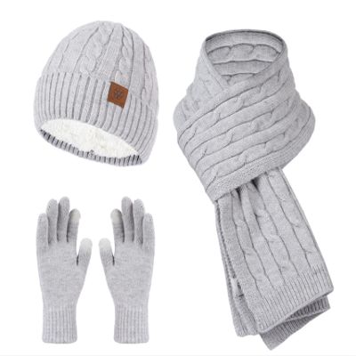 Fashion 3 Pieces Winter Beanie Hat, Scarf and Touchscreen Gloves Set for Men and Women,3 Pieces Winter Ski Warm Set (Light Grey)