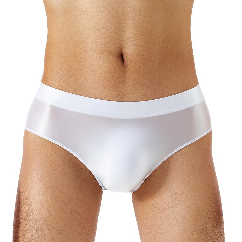 ACSUSS Mens Glossy Low Rise Briefs Elastic Waistband Solid Color Underpants Underwear Swimwear White XX-Large