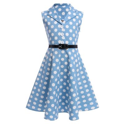 50s Dresses for Girls, Twirly Dresses for Little Girls Sleeveless Summer Swing Casual Clothes 'Holly' Audrey Vintage Polka Dot Wedding Casual Skater Xmas Ball Dance Gown Blue & Belt 9-10 Years