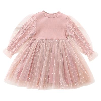 aromm Flower Little Girls Party Dress Winter Fall Long Sleeves Dresses with Tutu Skirt Pink(1-2 T,90)