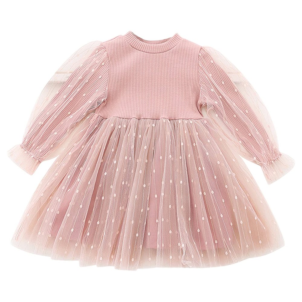 aromm Flower Little Girls Party Dress Winter Fall Long Sleeves Dresses with Tutu Skirt Pink(1-2 T,90)