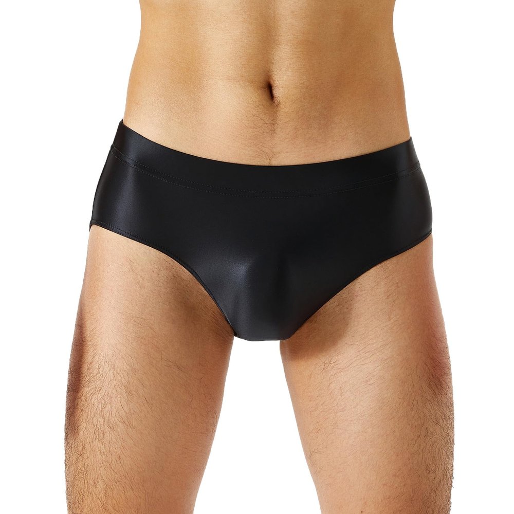 ACSUSS Mens Glossy Low Rise Briefs Elastic Waistband Solid Color Underpants Underwear Swimwear Black X-Large