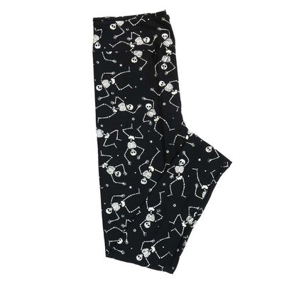 Lularoe One Size (OS) Halloween Partying Skeletons Waving Polka Dot Stars Black White Buttery Soft Leggings 4433-A20 879213 fits Adult Sizes 2-10
