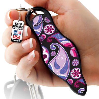 MUNIO Self Defense Keychain  Lightweight, Stylish & Portable Safety Tool for Women & Men  Non-Lethal Kubotan, Easy to Use, TSA Approved  Made in USA  Pink Paisley Design
