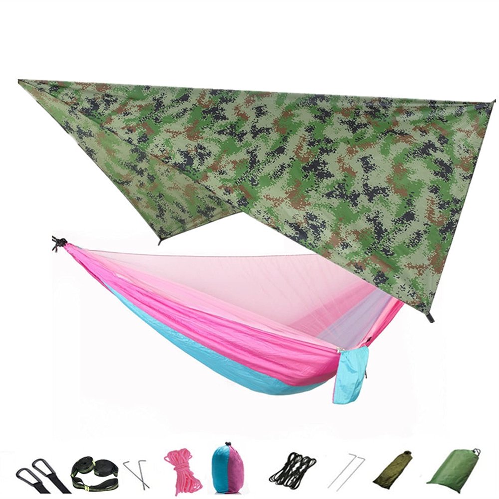 KIZQYN Swing Set Camping Hammock, Portable Travel Hammock with Net and Rainfly, Tree Light Hammock Tent for Outdoor Backyard Hiking Swing Seat (Color : Camouflage and Pink)