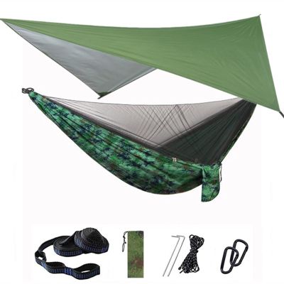KIZQYN Swing Set Camping Hammock, Portable Travel Hammock with Net and Rainfly, Tree Light Hammock Tent for Outdoor Backyard Hiking Swing Seat (Color : Green and Camou)
