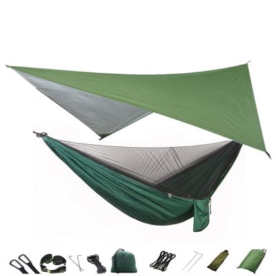 KIZQYN Swing Set Camping Hammock, Portable Travel Hammock with Net and Rainfly, Tree Light Hammock Tent for Outdoor Backyard Hiking Swing Seat (Color : Green and DarkGreen)