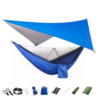 KIZQYN Swing Set Camping Hammock, Portable Travel Hammock with Net and Rainfly, Tree Light Hammock Tent for Outdoor Backyard Hiking Swing Seat (Color : Blue and Blue)