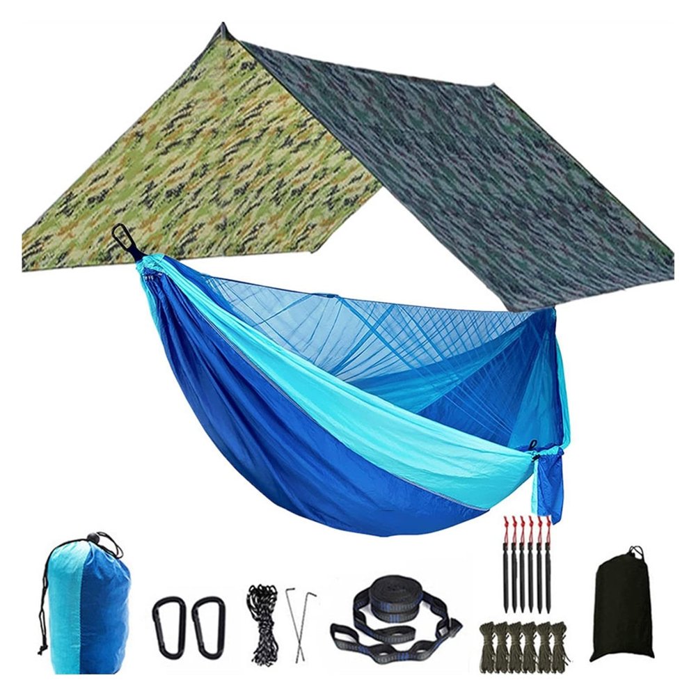 KIZQYN Swing Set Camping Hammock, Rainfly Travel Hammock, Net Hammock, Tent, Outdoor Hiking Backpack, Travel Camping Accessories Swing Seat (Color : Camo and Light Blue)