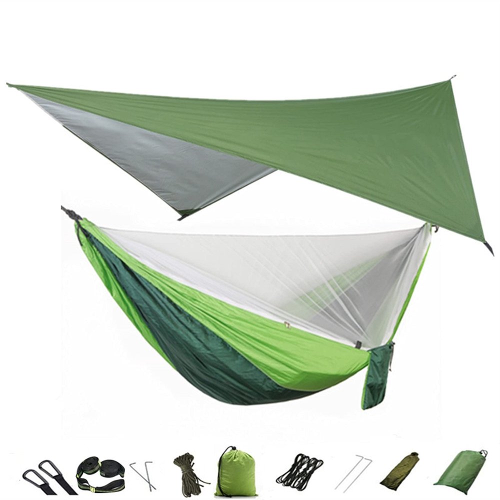 KIZQYN Swing Set Camping Hammock, Portable Travel Hammock with Net and Rainfly, Tree Light Hammock Tent for Outdoor Backyard Hiking Swing Seat (Color : Green and LightGreen)