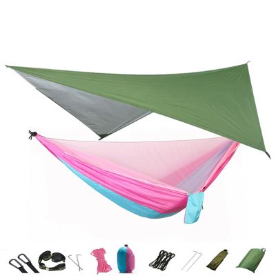 KIZQYN Swing Set Camping Hammock, Portable Travel Hammock with Net and Rainfly, Tree Light Hammock Tent for Outdoor Backyard Hiking Swing Seat (Color : Green and Pink)