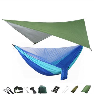 KIZQYN Swing Set Camping Hammock, Portable Travel Hammock with Net and Rainfly, Tree Light Hammock Tent for Outdoor Backyard Hiking Swing Seat (Color : Green and lightblue)