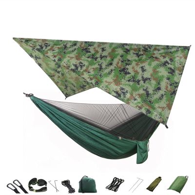 KIZQYN Swing Set Camping Hammock, Portable Travel Hammock with Net and Rainfly, Tree Light Hammock Tent for Outdoor Backyard Hiking Swing Seat (Color : Camouf and DarkGreen)