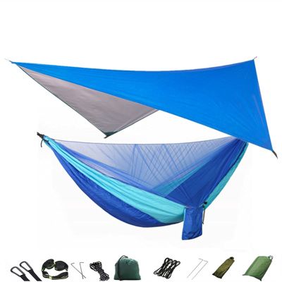 KIZQYN Swing Set Camping Hammock, Portable Travel Hammock with Net and Rainfly, Tree Light Hammock Tent for Outdoor Backyard Hiking Swing Seat (Color : Blue and lightblue)