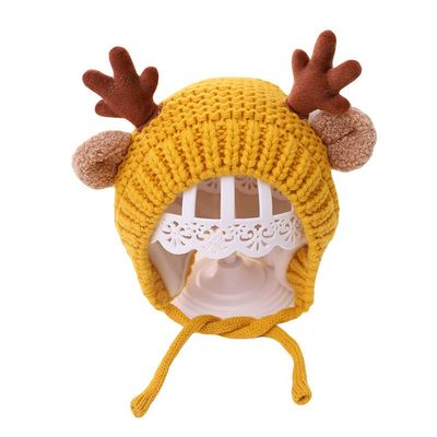 AIBEARTY Cute Deer Elk Antlers Baby Hat Winter Warm Plush Knitted Ear Warmer Bonnet Boys Girls Cap Beanie with Chin Strap Yellow