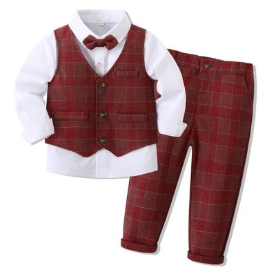 Toddler Tuxedo Long Sleeve Dress Suit with Bow Tie + Shirt + Plaid Vest + Pants 4PCS Clothes Sets for Little Boy Light Red 3-4T
