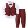 Toddler Tuxedo Long Sleeve Dress Suit with Bow Tie + Shirt + Plaid Vest + Pants 4PCS Clothes Sets for Little Boy Light Red 3-4T view 2
