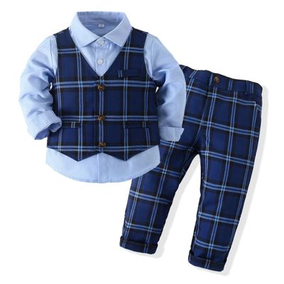 PureMilk Toddler Tuxedo Long Sleeve Dress Suit Shirt + Blue Plaid Vest + Plaid Pants 3PCS Clothes Sets for Little Boy 4-5T