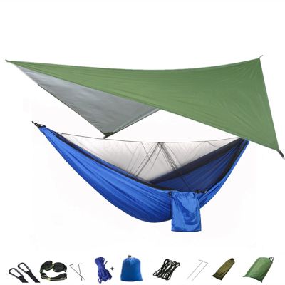 KIZQYN Swing Set Camping Hammock, Portable Travel Hammock with Net and Rainfly, Tree Light Hammock Tent for Outdoor Backyard Hiking Swing Seat (Color : Green and Blue)