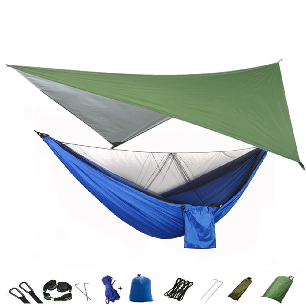 KIZQYN Swing Set Camping Hammock, Portable Travel Hammock with Net and Rainfly, Tree Light Hammock Tent for Outdoor Backyard Hiking Swing Seat (Color : Green and Blue)